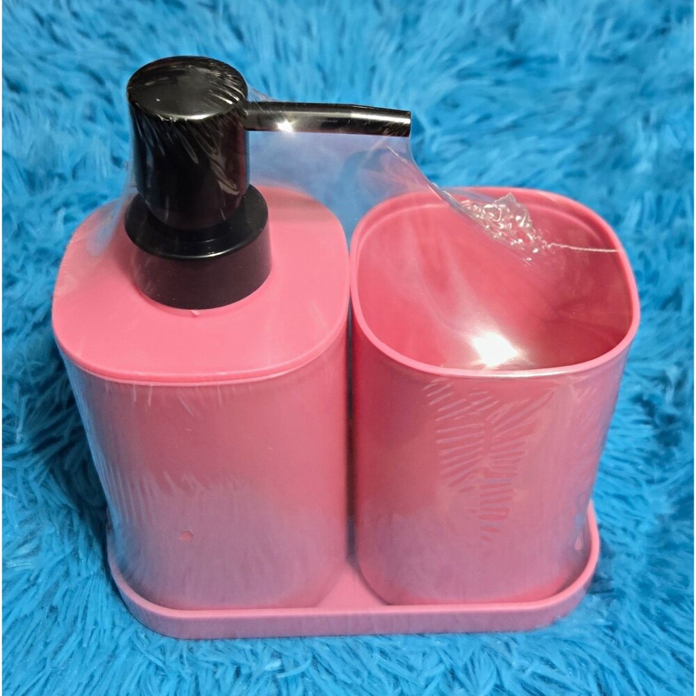 Destination Holiday Pink Plastic 2pc Bathroom Set Soap Dispenser Toothbrush Cup
